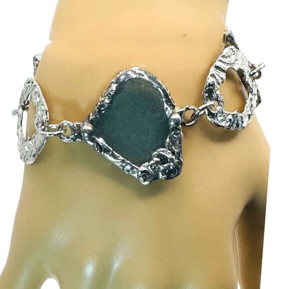 Sea Glass & Silver Cutout Boho Artisan Metalwork Bracelet w/ Adjustable Closure - Picture 5 of 16